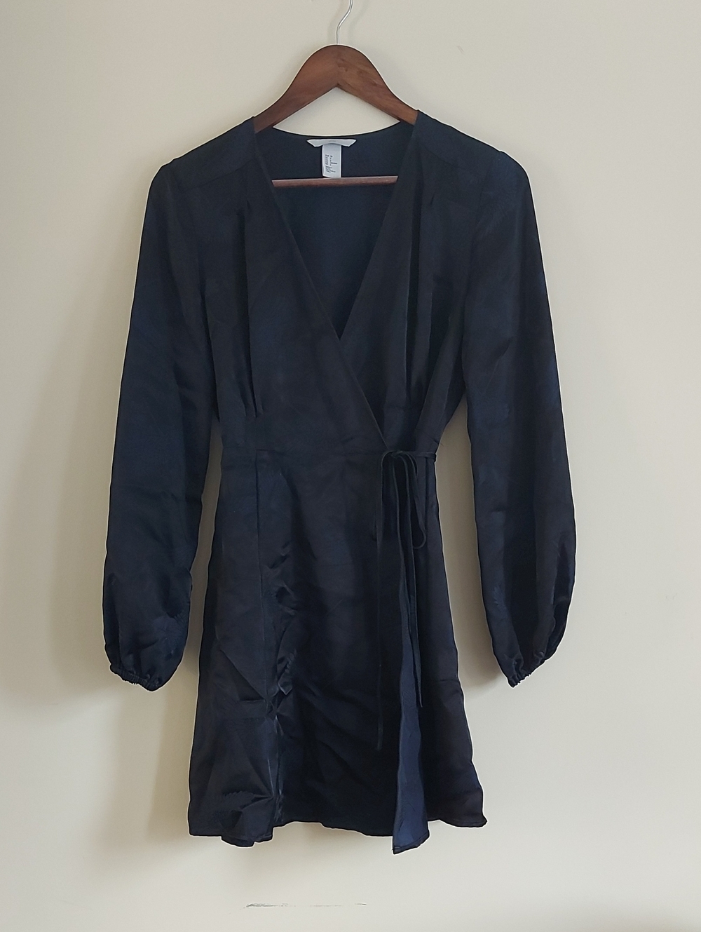 H&M Satin Jaquard Wrap Dress In Navy Blue